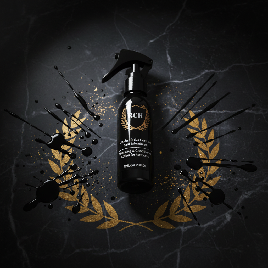RCK Spray sobre mármol oscuro con iluminación dramática