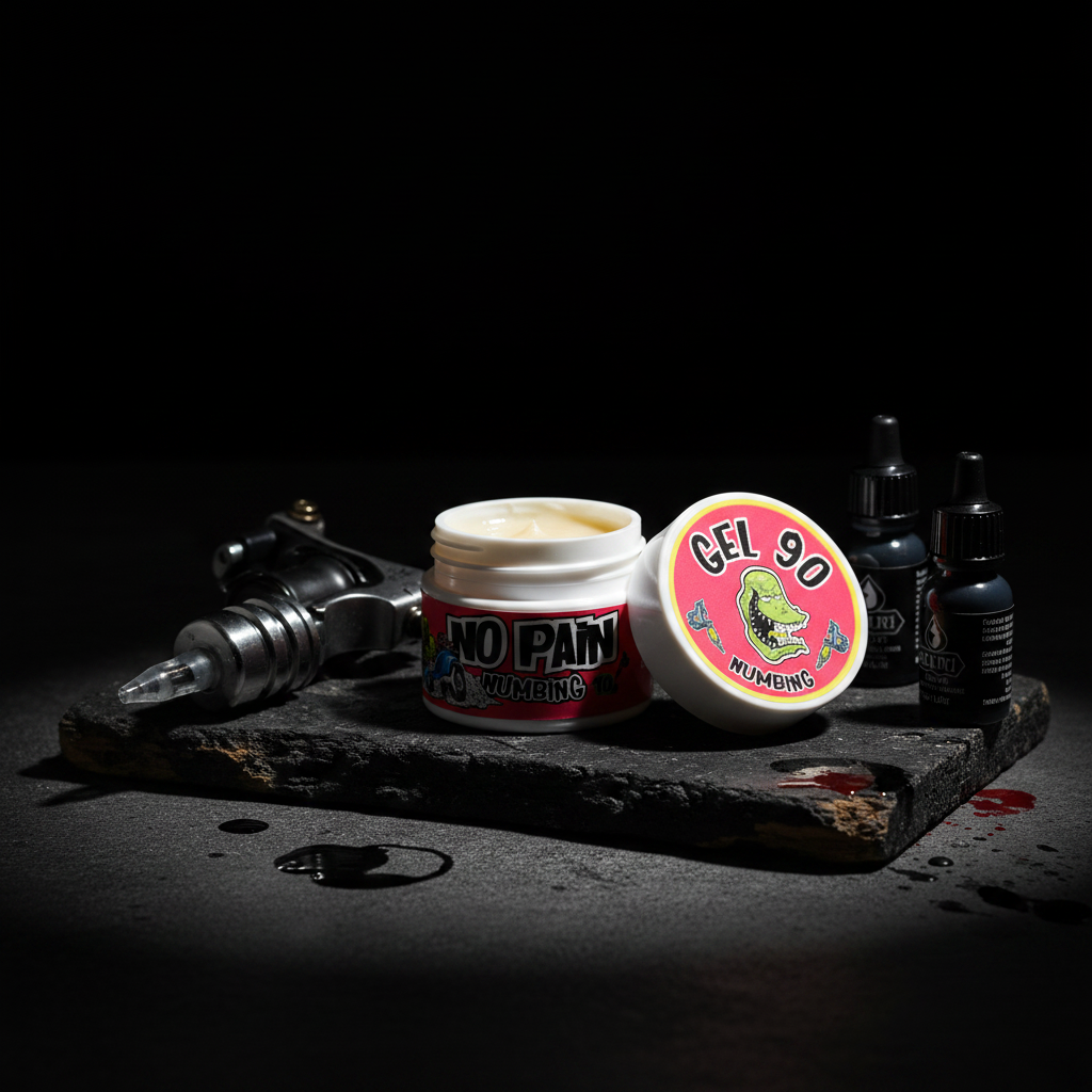 No Pain Gel 90 sobre superficie oscura con máquina de tatuar