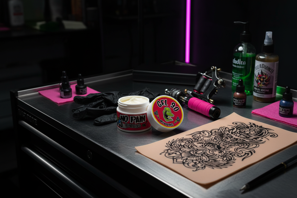 No Pain Gel 90 en estación de trabajo de tatuador