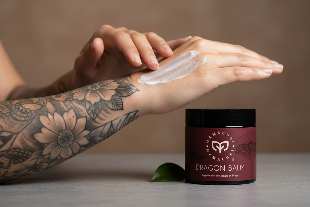 Mamacure Dragon Balm aplicación de crema en piel tatuada