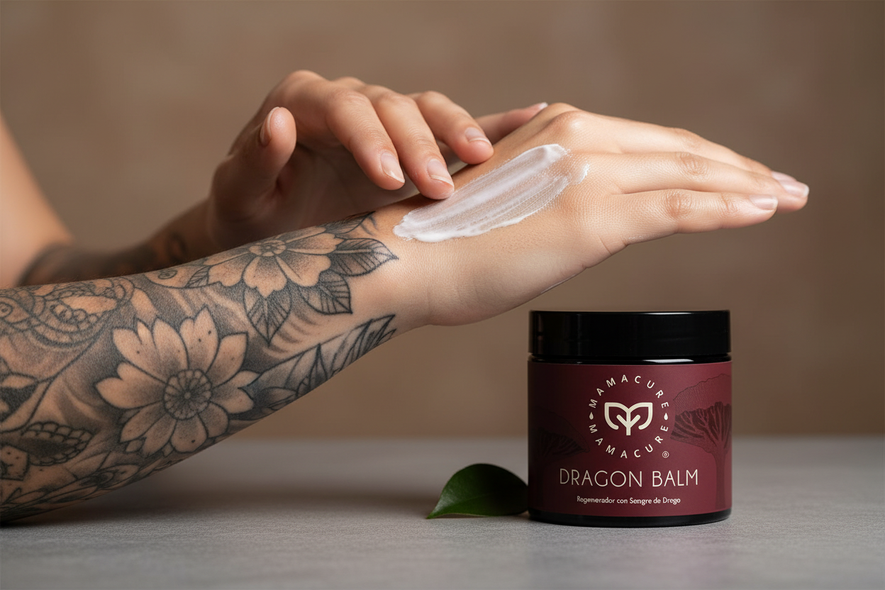 Mamacure Dragon Balm aplicación de crema en piel tatuada