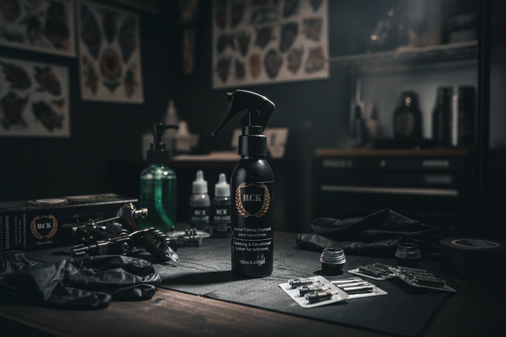 RCK Spray en estación de trabajo de tatuador profesional